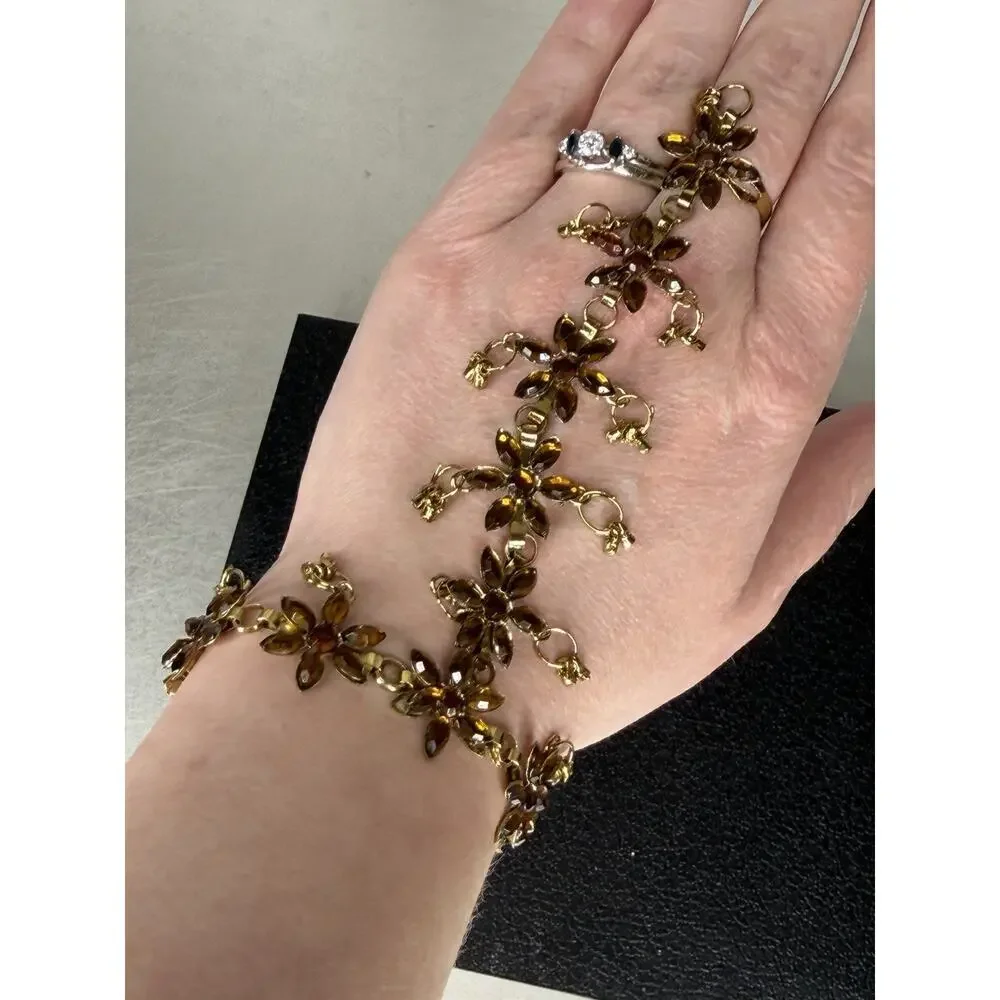 VTG Ring Bracelet Hand Chain Gold Tone Metal Floral Costume Jewelry Floral
